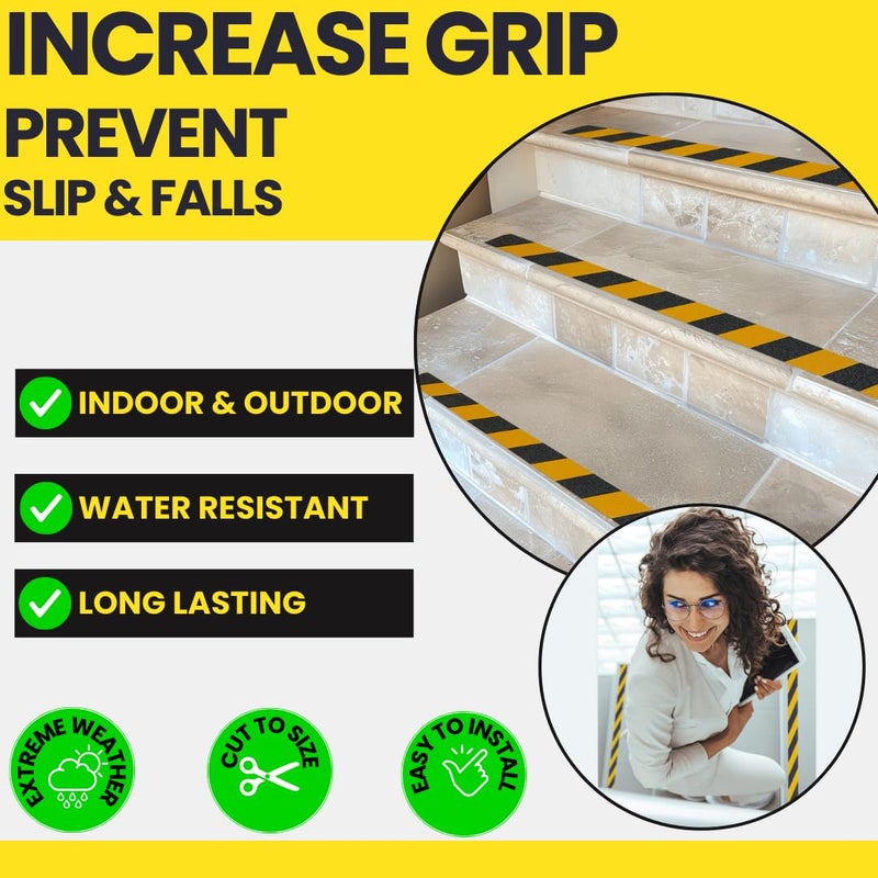 Slip No More! Grip Tape - Heavy Duty Hazard Tape Roll - Black and Yellow 2in x 15ft. Waterproof, Non Skid Tape for Stairs & Ramps. Yellow Caution Floor Tape for Indoors/Outdoors. Friction Tape Covers 5 Stairs. - Image 3